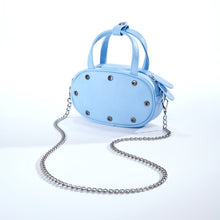 Load image into Gallery viewer, Get a stub * to claim this petite bag (with room for a smart phone et al) - with three colors of SWAPPABLE MOOD PANELS, Silky Powder Blue base + handles, strap, chain - as a token of appreciation of each contribution; other details when you click here