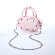 Load image into Gallery viewer, Get a stub * to claim this petite bag (with room for a smart phone et al) - with three colors of SWAPPABLE MOOD PANELS, Silky Carnation Pink base + handles, strap, chain - as a token of appreciation of each contribution; other details when you click here