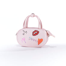 Load image into Gallery viewer, Get a stub * to claim this petite bag (with room for a smart phone et al) - with three colors of SWAPPABLE MOOD PANELS, Silky Carnation Pink base + handles, strap, chain - as a token of appreciation of each contribution; other details when you click here