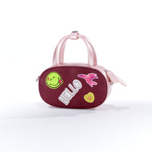 Load image into Gallery viewer, Get a stub * to claim this petite hand bag (with room for a typical smart phone et al), plus three colors of SWAPPABLE MOOD PANELS, Pomegranate Red Sheen base + handles, strap, chain - as a token of appreciation of each contribution of the sum below